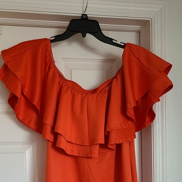 !!SOLD!! Sexy PLUS SIZE Orange Flounce Top Off Shoulder Bodycon Dress XXL - Picture 7 of 10